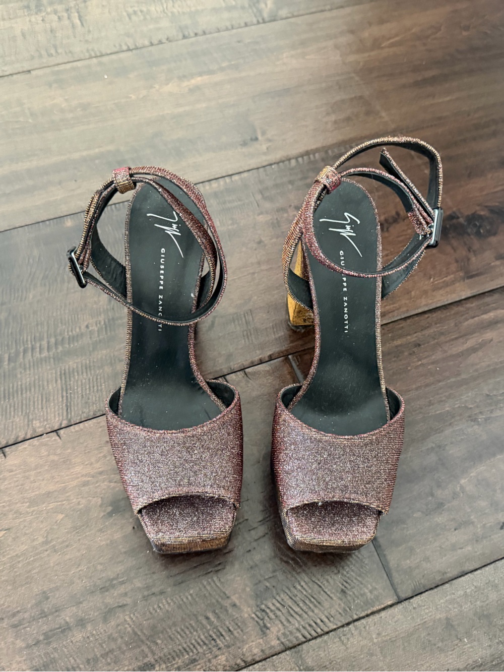 Giuseppe Zanotti Rose Gold Glitter Platform Block Heels - Picture 2 of 3